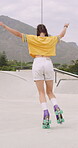 Spin, rollerskate and woman in park with music for skating, hobby and playlist on summer weekend. Skater, retro and person with radio for practice, sports and outdoor for skills, activity and trick