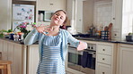Dancing, child and happy with practice in home for creative movement, learning steps or development. Growth, kid and fun with breakdance in kitchen for freestyle body rhythm, motor skills and talent