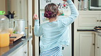 Child, dance and fun in home kitchen with energy, childhood and spin in dress with wellness. Girl kid, happy dancer and excited with development, morning play and growth or running in family house