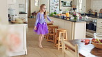 Dancing, child and fun in costume, home and practice for school play, spin or energy for performance. Ballerina, growth and kid with rhythm in house, talent and rehearsal for ballet recital and jump