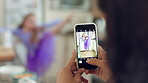 Hands, mother and photography with phone screen of child dancing, social media and post memory. Woman, mobile and profile picture update of daughter with rhythm, talent showcase and bonding at house
