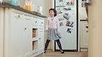 Balance, dance and development with girl in kitchen of home for expression, movement or rhythm. Dancer, energy and music steps with child ballerina in apartment for growth, morning fun or practice