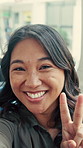 Happy, face and asian woman with peace sign in bus for travel memory, picture or selfie in city. Portrait, female person or passenger with smile or emoji in public vehicle for photography or trip