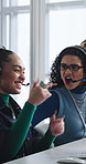Headset, sales and surprise with woman in call center for celebration of bonus, goals or target. Applause, fist pump and wow reaction with friends in agency workplace for customer service or support