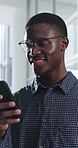 Happy, online and businessman with phone in office, positive feedback and campaign review on website. Creative, copywriting and black person with mobile for ad results, smile and reading good news