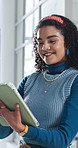 Woman, smile or update in office with tablet for guest list, review or problem solving. Event planner, reservation and person with tech for vendor management, schedule or agenda for venue booking