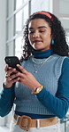 Chat, online and happy woman with phone in office, typing and communication with contact on website. Reading, message and employee with internet connection, scroll and person with mobile in business