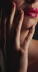 Beauty, touch and manicure with lip gloss in studio for cosmetics, self care and makeup for shine. Nails, pink lipstick and body wellness of person with cosmetology, soft texture and pigmentation