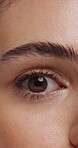 Eyelashes, face and eye color of woman with mascara, cosmetics and eyebrow lamination. Closeup, portrait and beauty of person with makeup and natural contact lenses to enhance eyesight or vision