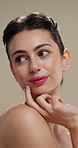 Thinking, skincare and woman with idea for beauty, natural cosmetics and wellness glow for self care. Reflection, dermatology and person with happiness for healthy skin, makeup and studio background