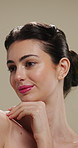 Thinking, skincare and woman with smile for beauty, natural cosmetics and wellness glow for self care. Reflection, dermatology and person with happiness for healthy skin, makeup and studio background