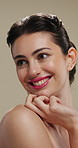 Thinking, happy and woman with skincare for beauty, natural cosmetics and wellness glow for self care. Reflection, dermatology and person with smile for healthy skin, makeup and studio background