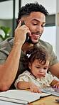Home, baby and father with phone call  and smile for remote work, discussion and infant care. Multitasking, happy and freelancer, man or dad with child for communication, project and opportunity