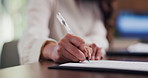 Signature, documents and hands of businesswoman in office for legal contract, title deed or registration. Paperwork, writing and female attorney with law agreement, form or policy in workplace.