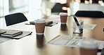 Empty, office and desk with documents for finance meeting with chart, graphs and investment insight. Corporate, professional and coffee with paperwork, notebooks and workplace for financial proposal