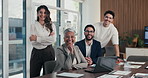 Business people, team and face with smile at office meeting, documents or tech at finance company. Group, men and women with laptop, paperwork or happy in portrait with diversity at investment agency