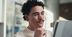 Thinking, man or scroll on tablet in office for database management, market trends or solution. Reading, happy analyst or digital app for equity research, problem solving or project proposal approval