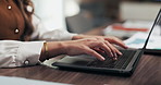 Desk, business and hands of woman on laptop for budget planning, audit review and research. Accounting, documents and person typing on computer for financial report, online proposal or tax evaluation