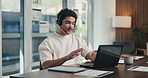 Man, agent and discussion with headset on laptop for online advice, support or help in office. Business, male person or consultant talking with mic on computer for virtual assistance in workplace