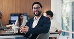 Man, face and happy with team at office meeting, glasses or confident at financial company. Business people, broker and smile in portrait for review, pride or audit for investment portfolio at agency