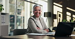 Happy, laptop and face of businesswoman in office with confidence for finance career with documents. Crossed arms, computer and portrait of mature financial manager with about us in workplace.