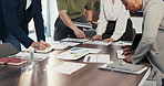 Hands, team and documents at office meeting for charts, review or point with tech at finance company. Business people, group and paperwork for graphs, stats or asset management at investment agency