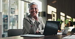 Smile, laptop and face of businesswoman in office with confidence for finance career with documents. Happy, computer and portrait of mature financial manager with pride for about us in workplace.