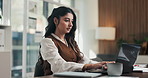 Finance, office and business woman on laptop for budget planning, audit review and research. Accounting, typing and person on computer for financial report, funding proposal and debt evaluation