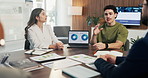 Man, laptop and charts with team at office meeting for stats, screen or asset management at company. Person, financial advisor and computer for graphs, feedback and investment portfolio at agency