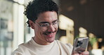 Phone, laugh and typing with man in office for communication, project feedback and research. Smile, networking platform and proposal joke with business person in startup agency for schedule or humor