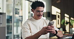Phone, smile and message with man in office for communication, project feedback and research. Typing, networking platform and timeline proposal with business person in startup agency for schedule