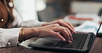 Paperwork, business and hands of woman on laptop for finance report, audit review and proposal. Accounting, office and person typing on computer for financial analysis, budget planning and evaluation