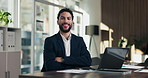 Face, investor and man with laptop, arms crossed and confidence with career ambition. Business person, professional and financial advisor in workplace with tech, pride and email for trading portfolio