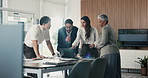 Business, team and meeting with laptop in office for financial review, monthly feedback or update. Finance manager, people or tech with discussion for company performance, goal setting or action plan