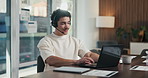 Call center, laptop and talking in office with headset for communication, help desk or online. Happy man, ngo funding and conversation for donor database, sponsor or investor with tech and typing