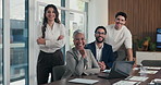 Face, manager and business people in office with laptop, collaboration and financial data analysis. Happy, stats team and finance management in workplace with computer, pride or about us for company.