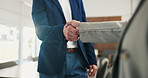 Business people, shaking hands and recruitment with deal at office meeting, welcome or goal at finance agency. Group, handshake and agreement with promotion, success or hiring at investment company