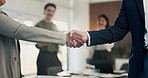 Business people, handshake and celebration with team at office meeting, thanks or goal at finance agency. Group, shaking hands and applause with promotion, success or onboarding at investment company