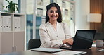 Happy woman, face and arms crossed with laptop at office, review and confident at finance agency. Person, broker or advisor with computer, smile and report in portrait for asset management in Mexico