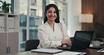 Woman, face and smile with arms crossed at office, pride and confident with laptop at finance agency. Person, broker or advisor with pc, happy and report in portrait for asset management in Mexico
