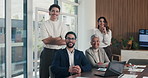 Face, smile and business people in office with meeting, laptop and manager for financial data analysis. Happy, stats team and finance management with computer, collaboration and about us for company.