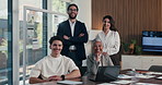 Face, manager and business people in office with meeting, smile and laptop for financial data analysis. Happy, stats team and finance management with computer, collaboration and about us for company.