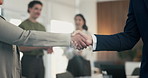 Business people, handshake and applause with team at office meeting, thanks or goal at finance agency. Group, shaking hands and celebration with promotion, success or onboarding at investment company