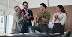 Business people, applause and happy for success at office meeting, support or goal at finance company. Group, team and stack hands for celebration, motivation and announcement at investment agency