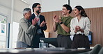 Business people, applause and happy for celebration at office, support or goal at finance company. Group, team and stack hands for success, motivation or excited for announcement at investment agency