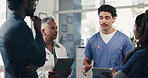 Doctors, nurse and meeting with tablet for medical planning, advice and support in hospital. Healthcare team, people and discussion with digital tech, administrator and report for clinic results