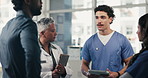 Doctors, nurse and discussion with tablet for medical planning, advice and support in hospital. Healthcare team, people and meeting with digital tech, administrator and report for clinic results