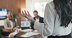 Hands, presentation and team at office meeting with feedback, explain or insight at finance company. Person, speaker and staff in boardroom for pitch, talk and problem solving with charts at agency