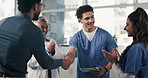 Nurse, handshake and meeting with applause for medical care, internship and support in hospital. Healthcare team, people and shaking hands with digital tech, administrator and promotion in clinic