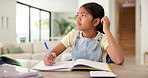 Thinking, writing and child in home with homework for learning, education and assessment. House, student and girl with idea for activity, assignment and lesson for studying, answer and development